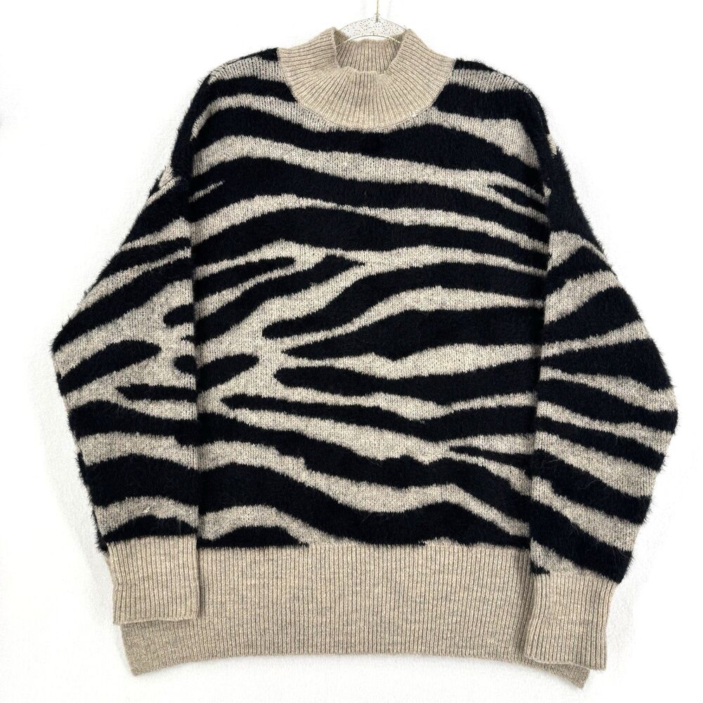Twine and String Zebra Fuzzy Sweater Women M Black Beige Oversized Mock Neck